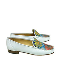 HB Italia Shoes - Ladies Madison White Leather Loafers With Petrol Bouquet Vamp