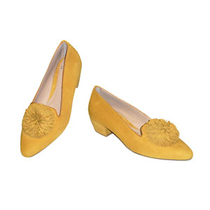 Perlato Ladies Shoes - Saffron (Yellow) Suede With Decorative Pompoms
