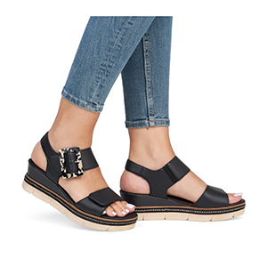 Remonte - D2L53-00 Ladies Black Leather Wedge Sandals 